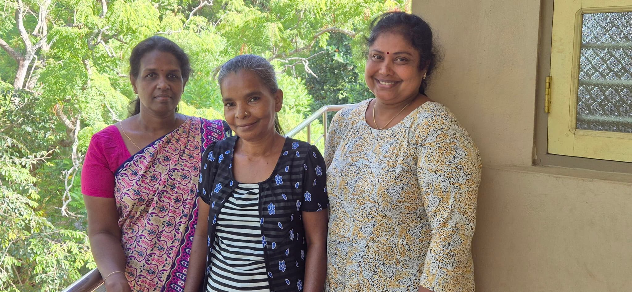 V. Sudhargini (Left), Megasothi (center), K. Anjalakokila (Right) in traditional and casual clothing.